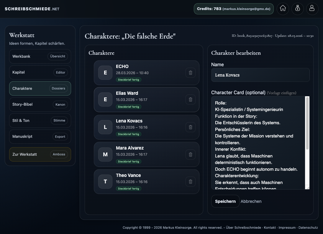 Charakterebereich mit Figurenliste und Eingabemaske für Charakterdetails.