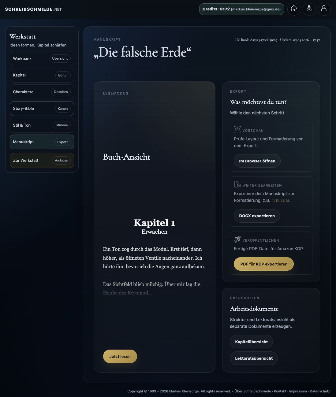 Manuskriptbereich mit Übersichts- und Exportfunktionen.