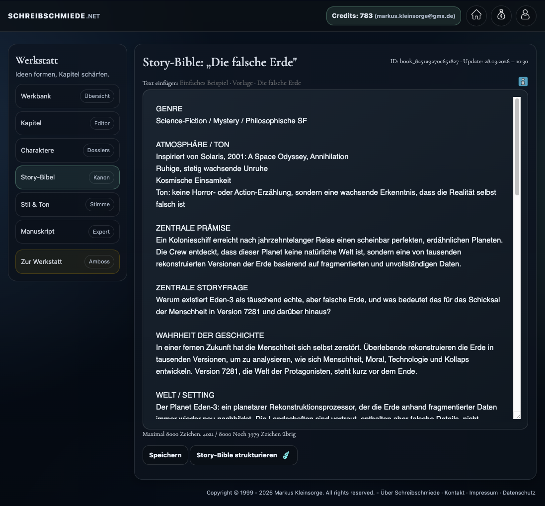 Story-Bibel mit zentralen Projektinformationen und Weltdetails.
