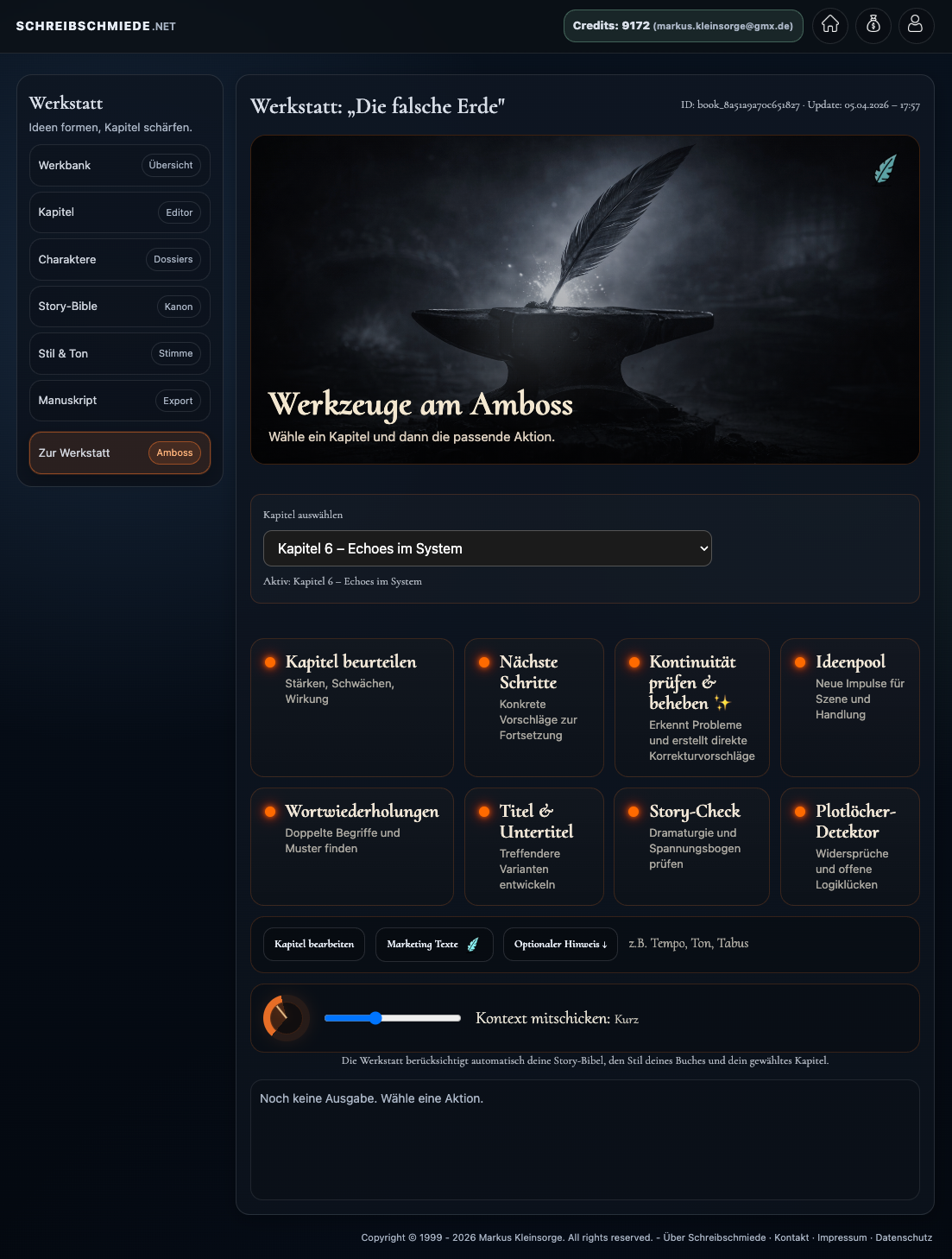 Werkstatt-Bereich mit Analysefunktionen und Werkzeugen für die Projektprüfung.